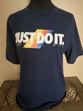Nike Navy 'Just Do It' Tee with Rainbow Diagonal Stripes
